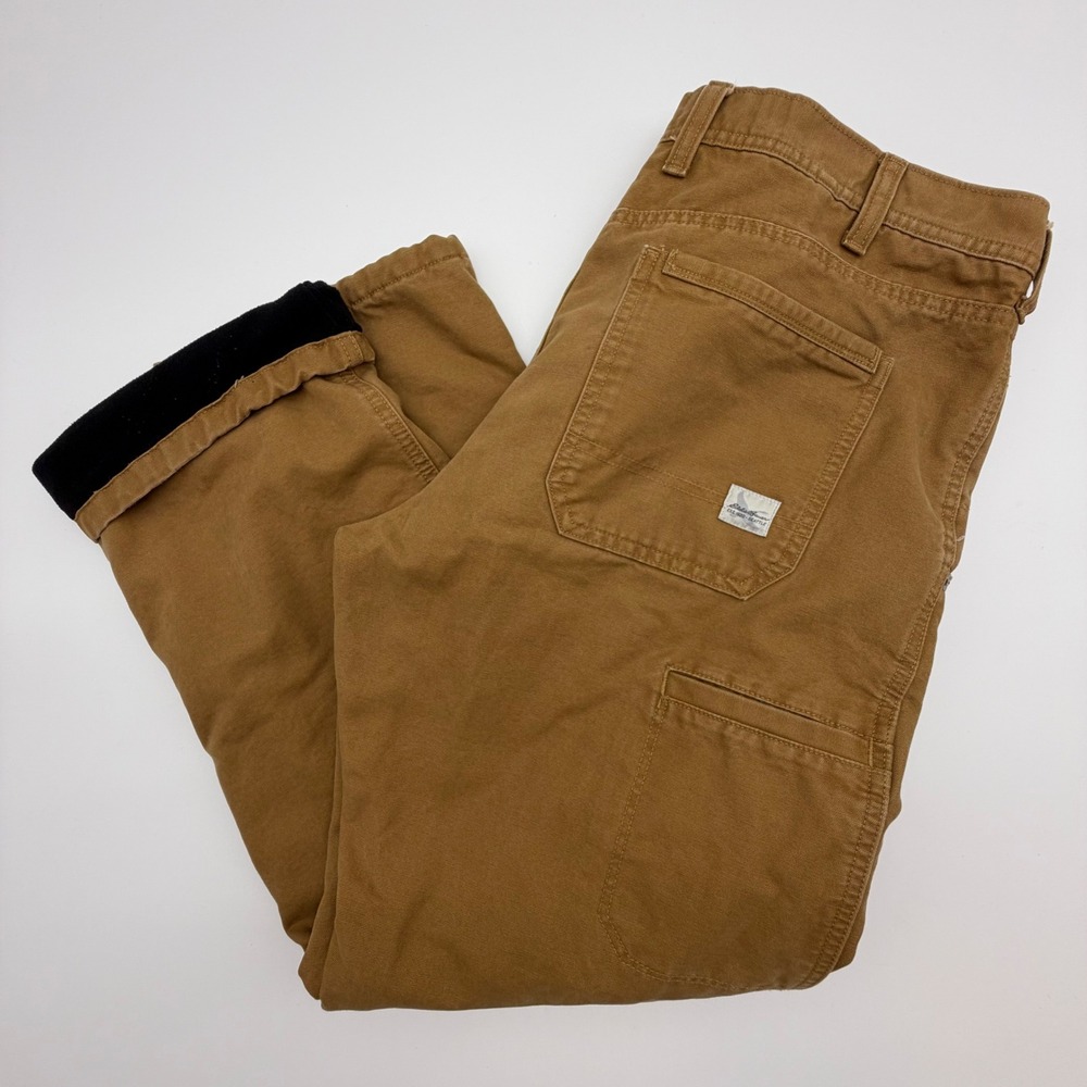 Eddie Bauer Mens 38x30 Fleece Lined Canvas Work Pants Brown Utility Trousers